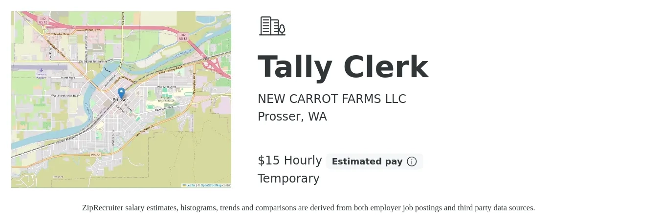 NEW CARROT FARMS LLC job posting for a Tally Clerk in Prosser, WA with a salary of $16 to $16 Hourly with a map of Prosser location.