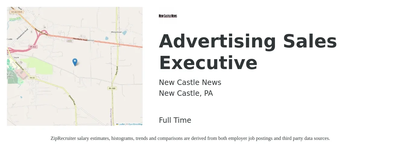New Castle News job posting for a Advertising Sales Executive in New Castle, PA with a salary of $66,200 to $83,800 Yearly with a map of New Castle location.