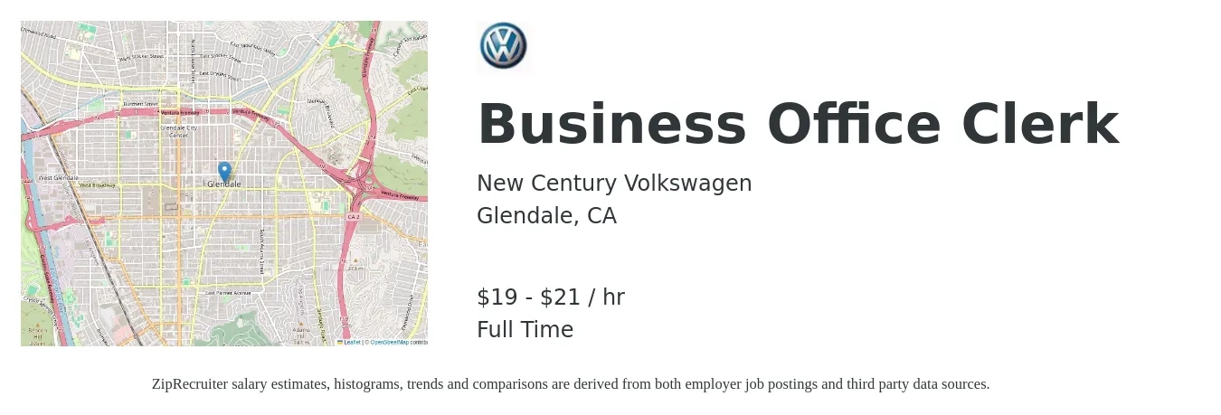 New Century Volkswagen job posting for a Business Office Clerk in Glendale, CA with a salary of $20 to $22 Hourly with a map of Glendale location.
