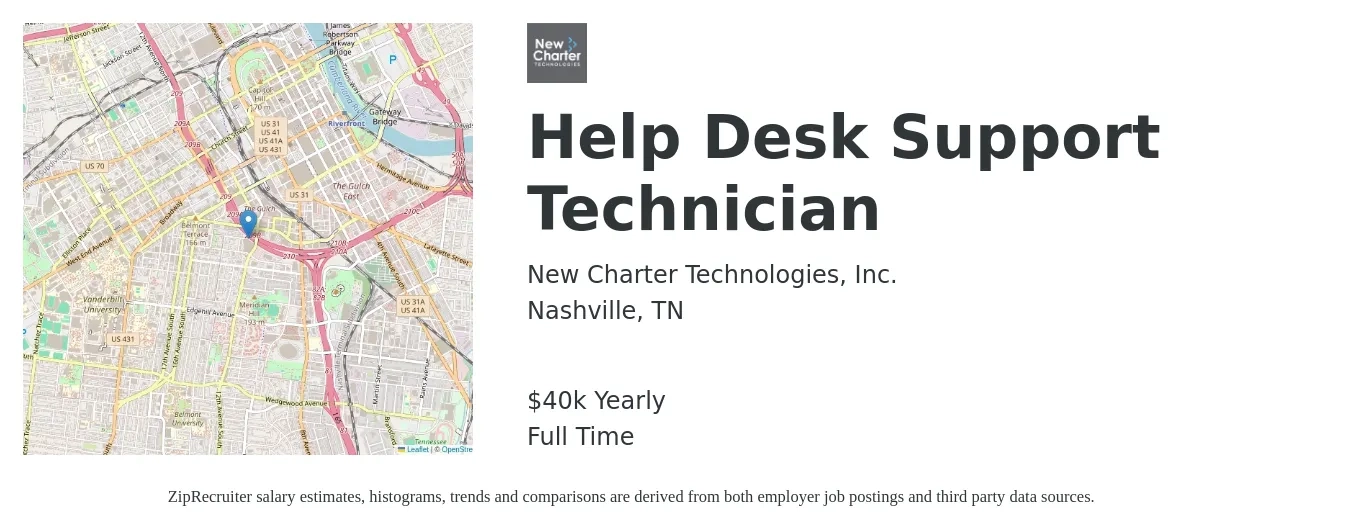 New Charter Technologies, Inc. job posting for a Help Desk Support Technician in Nashville, TN with a salary of $40,000 Yearly with a map of Nashville location.
