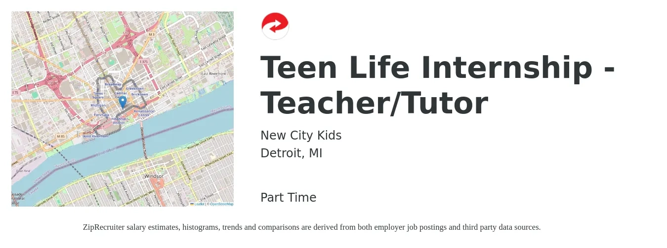 New City Kids job posting for a Teen Life Internship - Teacher/Tutor in Detroit, MI with a salary of $14 to $23 Hourly with a map of Detroit location.