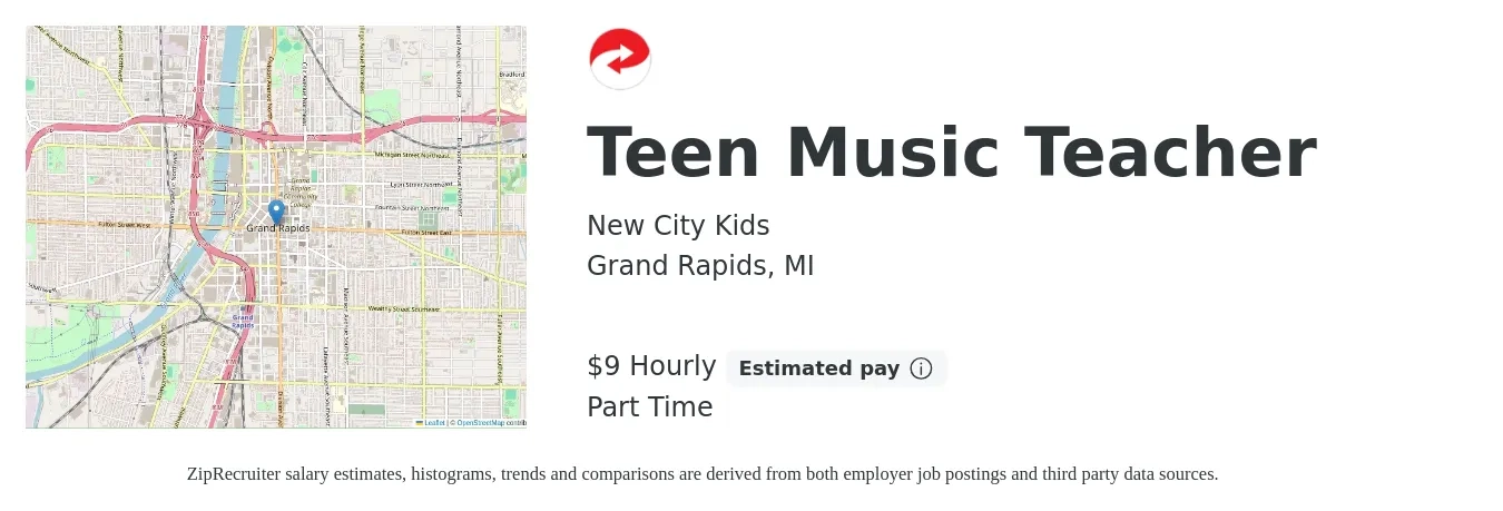 New City Kids job posting for a Teen Music Teacher in Grand Rapids, MI with a salary of $10 Hourly with a map of Grand Rapids location.