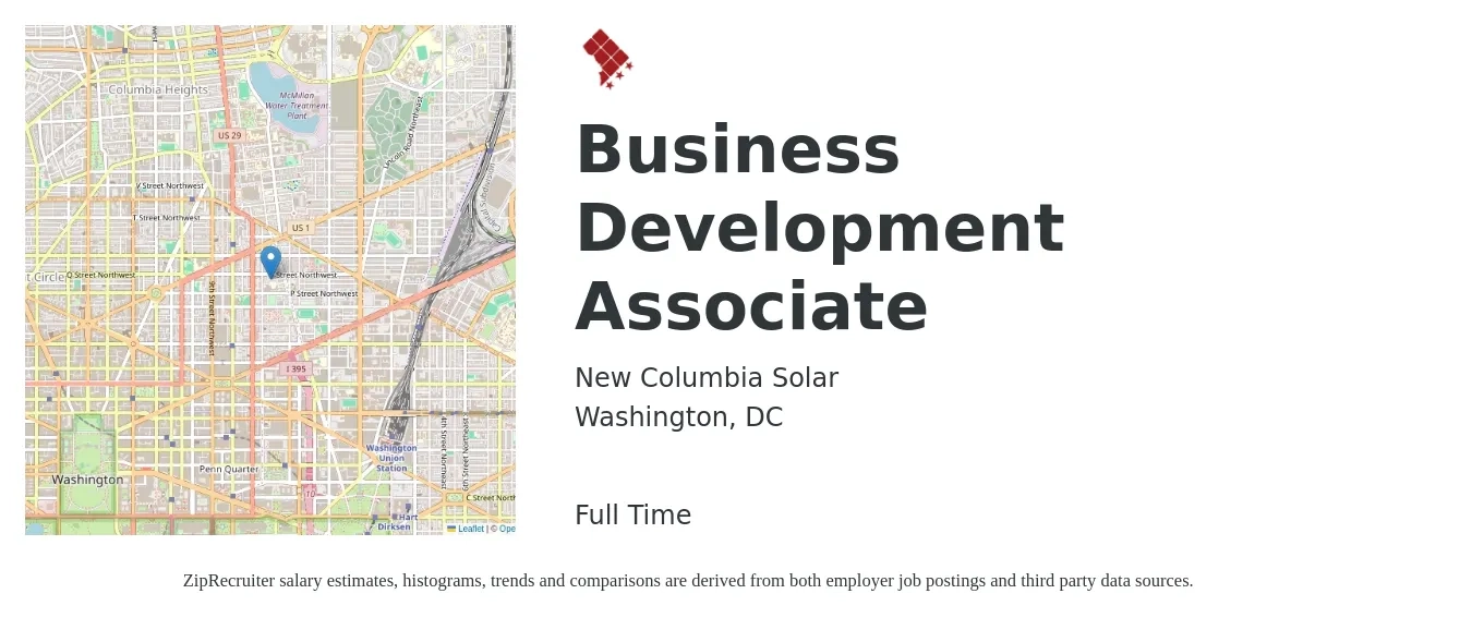 New Columbia Solar job posting for a Business Development Associate in Washington, DC with a salary of $50,400 to $69,100 Yearly with a map of Washington location.