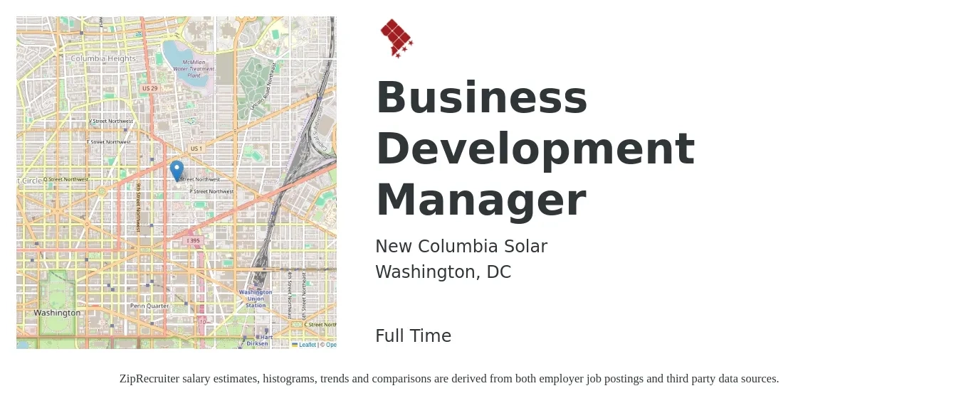 New Columbia Solar job posting for a Business Development Manager in Washington, DC with a salary of $69,100 to $113,200 Yearly with a map of Washington location.