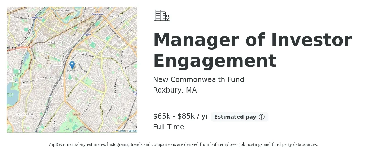 New Commonwealth Fund job posting for a Manager of Investor Engagement in Roxbury, MA with a salary of $65,000 to $85,000 Yearly with a map of Roxbury location.