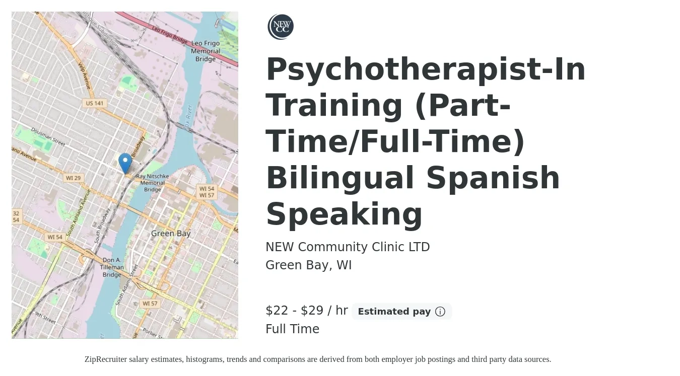 NEW Community Clinic LTD job posting for a Psychotherapist-In Training (Part-Time/Full-Time) Bilingual Spanish Speaking in Green Bay, WI with a salary of $24 to $31 Hourly with a map of Green Bay location.