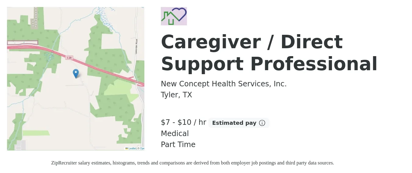 New Concept Health Services, Inc. job posting for a Caregiver / Direct Support Professional in Tyler, TX with a salary of $8 to $11 Hourly and benefits including medical with a map of Tyler location.