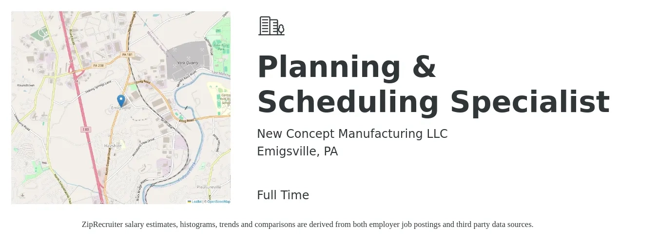 New Concept Manufacturing LLC job posting for a Planning & Scheduling Specialist in Emigsville, PA with a salary of $18 to $26 Hourly with a map of Emigsville location.