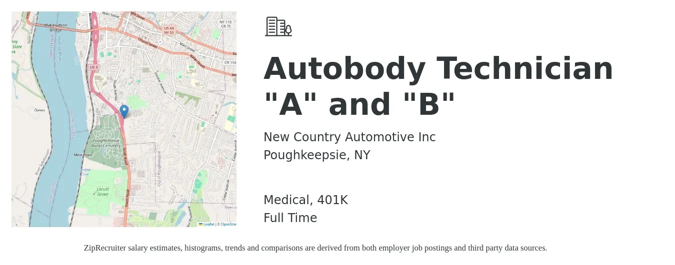 New Country Automotive Inc job posting for a Autobody Technician "A" and "B" in Poughkeepsie, NY with a salary of $20 to $33 Hourly and benefits including 401k, and medical with a map of Poughkeepsie location.