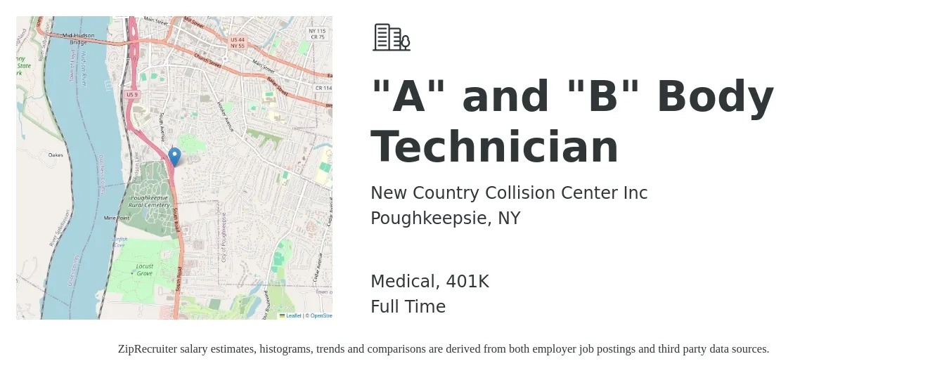 New Country Collision Center Inc job posting for a "A" and "B" Body Technician in Poughkeepsie, NY with a salary of $20 to $33 Hourly and benefits including 401k, and medical with a map of Poughkeepsie location.