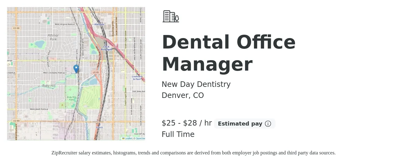 New Day Dentistry job posting for a Dental Office Manager in Denver, CO with a salary of $27 to $30 Hourly with a map of Denver location.