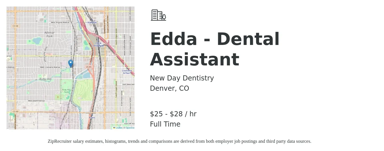 New Day Dentistry job posting for a Edda - Dental Assistant in Denver, CO with a salary of $26 to $30 Hourly with a map of Denver location.