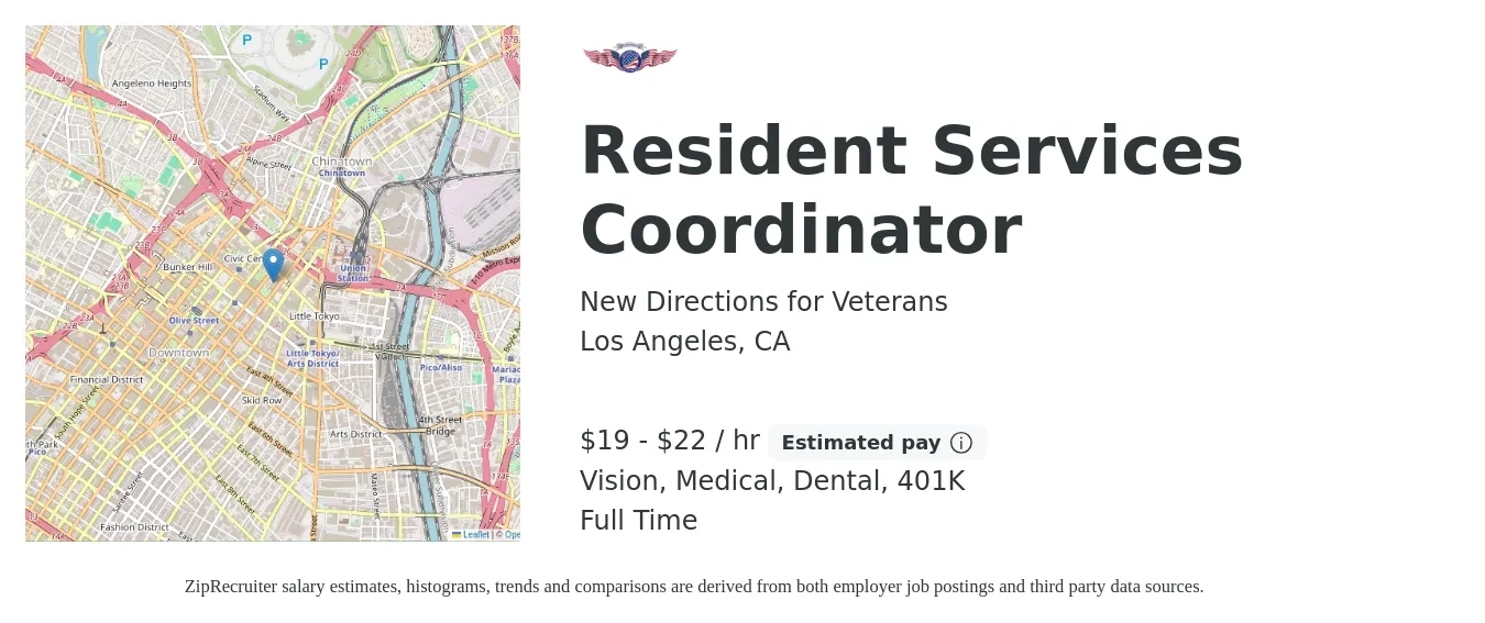 New Directions for Veterans job posting for a Resident Services Coordinator in Los Angeles, CA with a salary of $20 to $23 Hourly and benefits including 401k, dental, life_insurance, medical, and vision with a map of Los Angeles location.