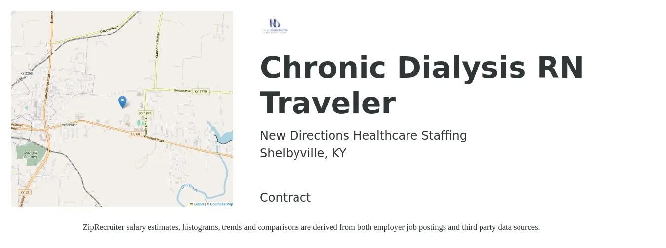 New Directions Healthcare Staffing job posting for a Chronic Dialysis RN Traveler in Shelbyville, KY with a salary of $1,650 to $2,290 Weekly with a map of Shelbyville location.