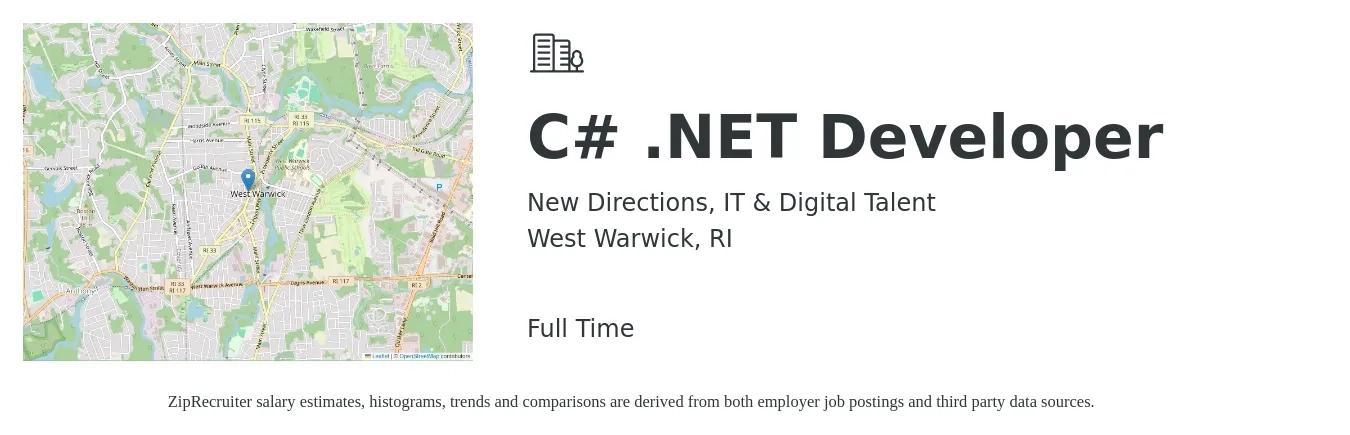 New Directions, IT & Digital Talent job posting for a C# .NET Developer in West Warwick, RI with a salary of $103,000 to $152,500 Yearly with a map of West Warwick location.