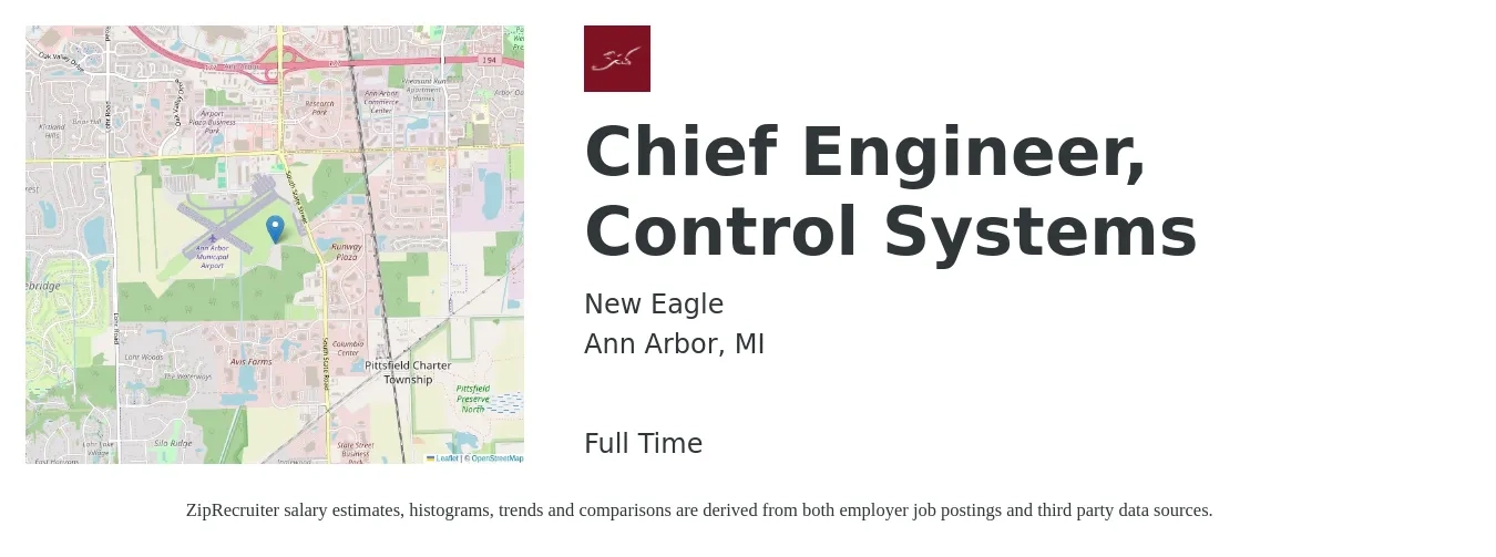 New Eagle job posting for a Chief Engineer, Control Systems in Ann Arbor, MI with a salary of $83,500 to $125,800 Yearly with a map of Ann Arbor location.