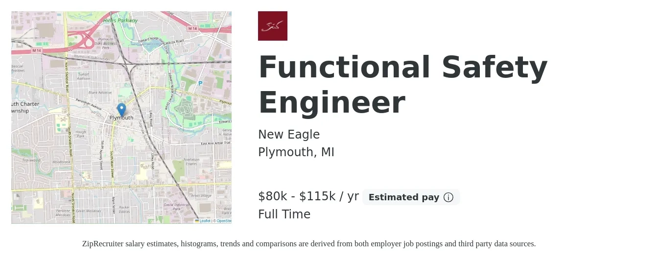 New Eagle job posting for a Functional Safety Engineer in Plymouth, MI with a salary of $80,000 to $115,000 Yearly with a map of Plymouth location.