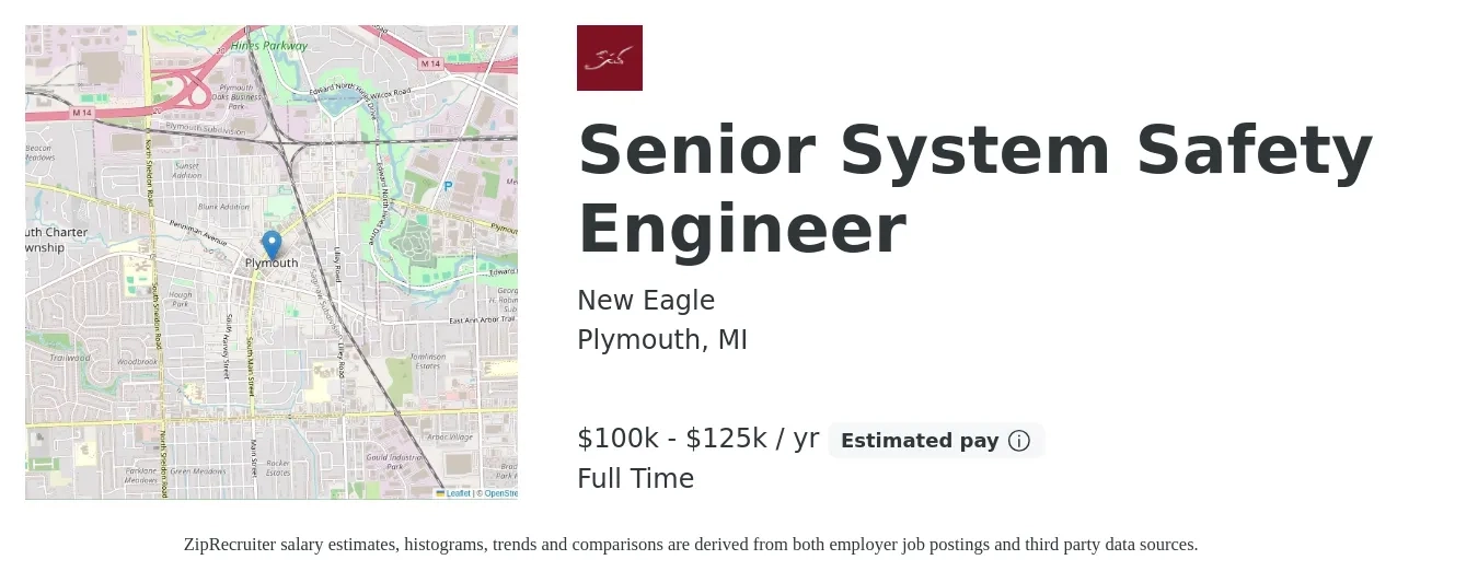 New Eagle job posting for a Senior System Safety Engineer in Plymouth, MI with a salary of $100,000 to $125,000 Yearly with a map of Plymouth location.
