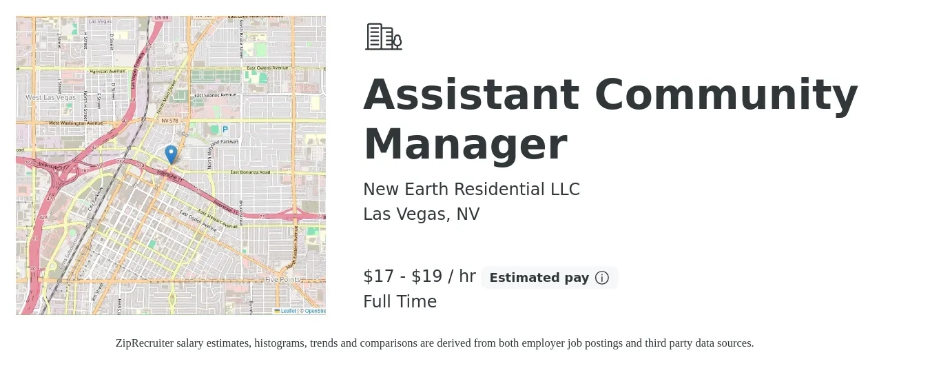 New Earth Residential LLC job posting for a Assistant Community Manager in Las Vegas, NV with a salary of $19 to $20 Yearly with a map of Las Vegas location.