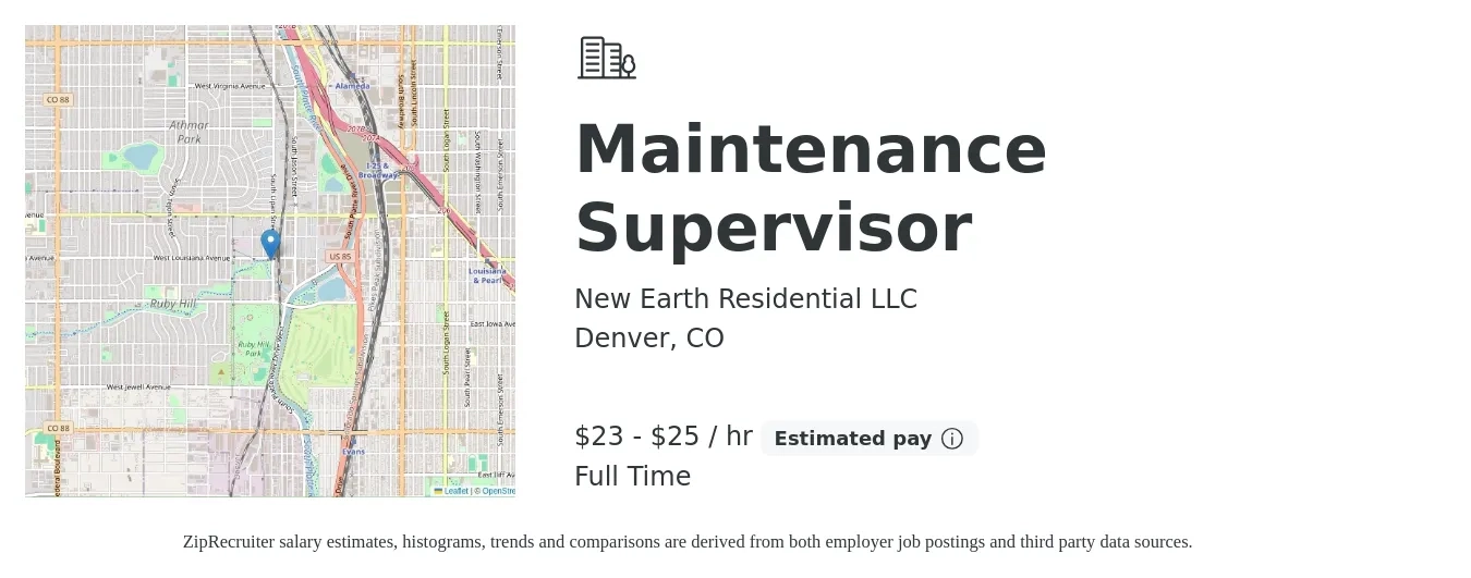 New Earth Residential LLC job posting for a Maintenance Supervisor in Denver, CO with a salary of $80,000 to $85,000 Yearly with a map of Denver location.