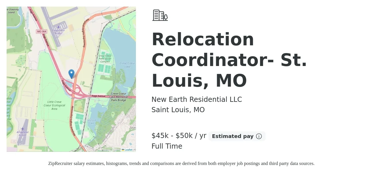 New Earth Residential LLC job posting for a Relocation Coordinator- St. Louis, MO in Saint Louis, MO with a salary of $45,000 to $50,000 Yearly with a map of Saint Louis location.