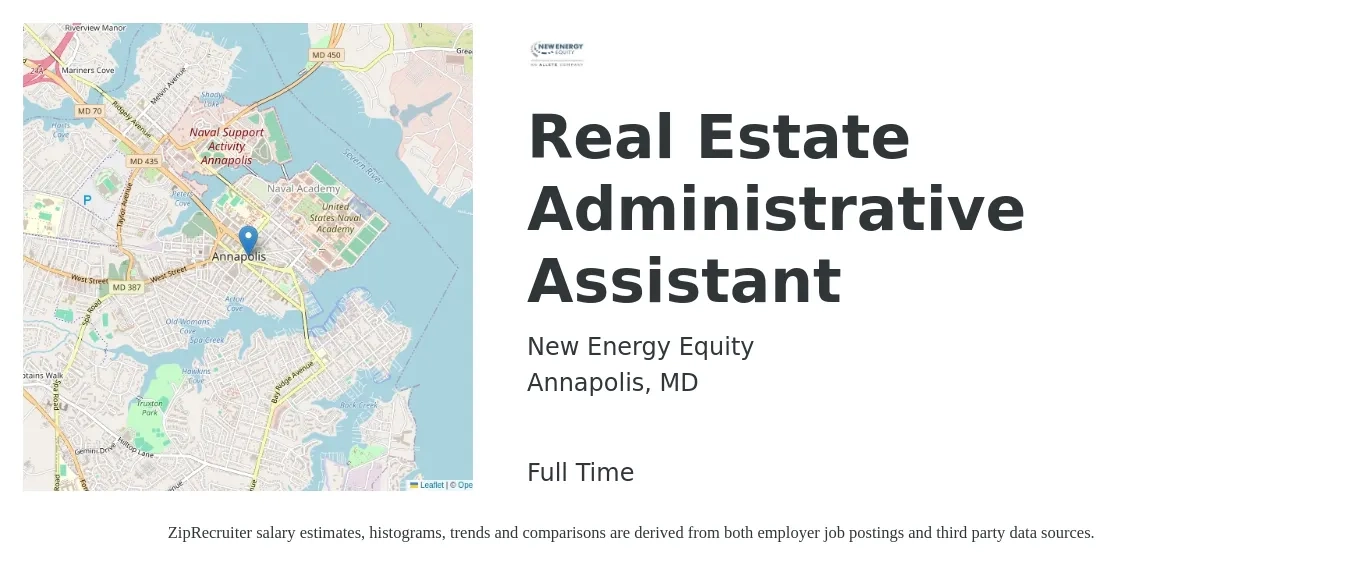 New Energy Equity job posting for a Real Estate Administrative Assistant in Annapolis, MD with a salary of $35,600 to $47,500 Yearly with a map of Annapolis location.