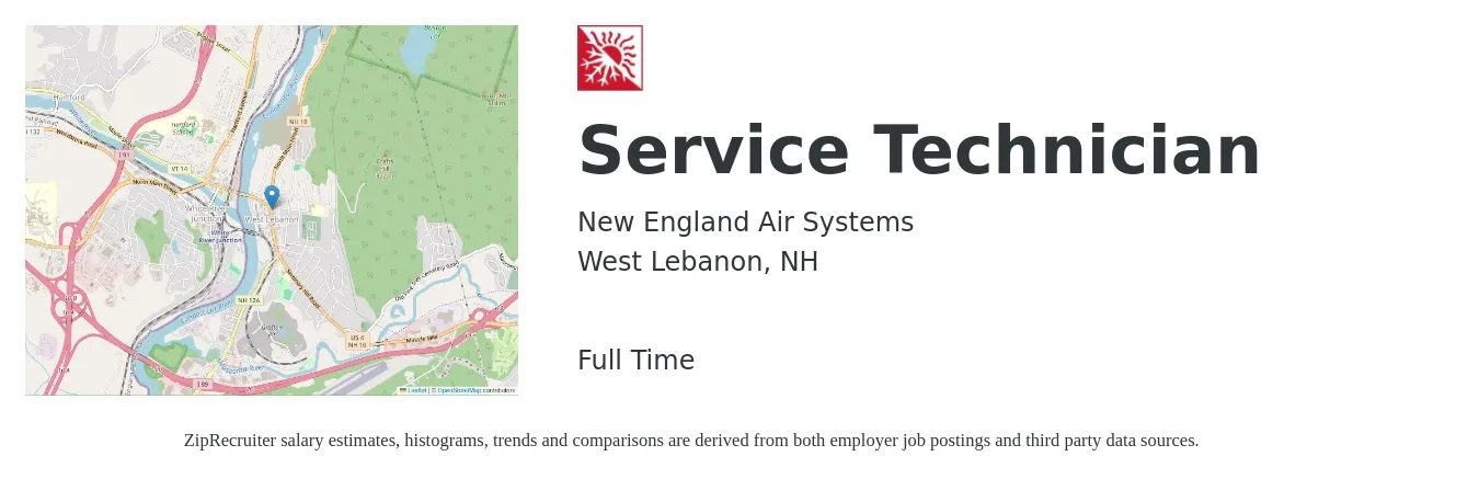 New England Air Systems job posting for a Service Technician in West Lebanon, NH with a salary of $19 to $26 Hourly with a map of West Lebanon location.