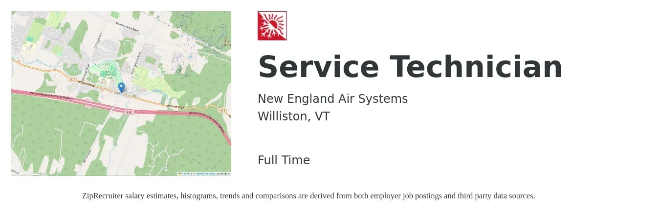 New England Air Systems job posting for a Service Technician in Williston, VT with a salary of $21 to $28 Hourly with a map of Williston location.