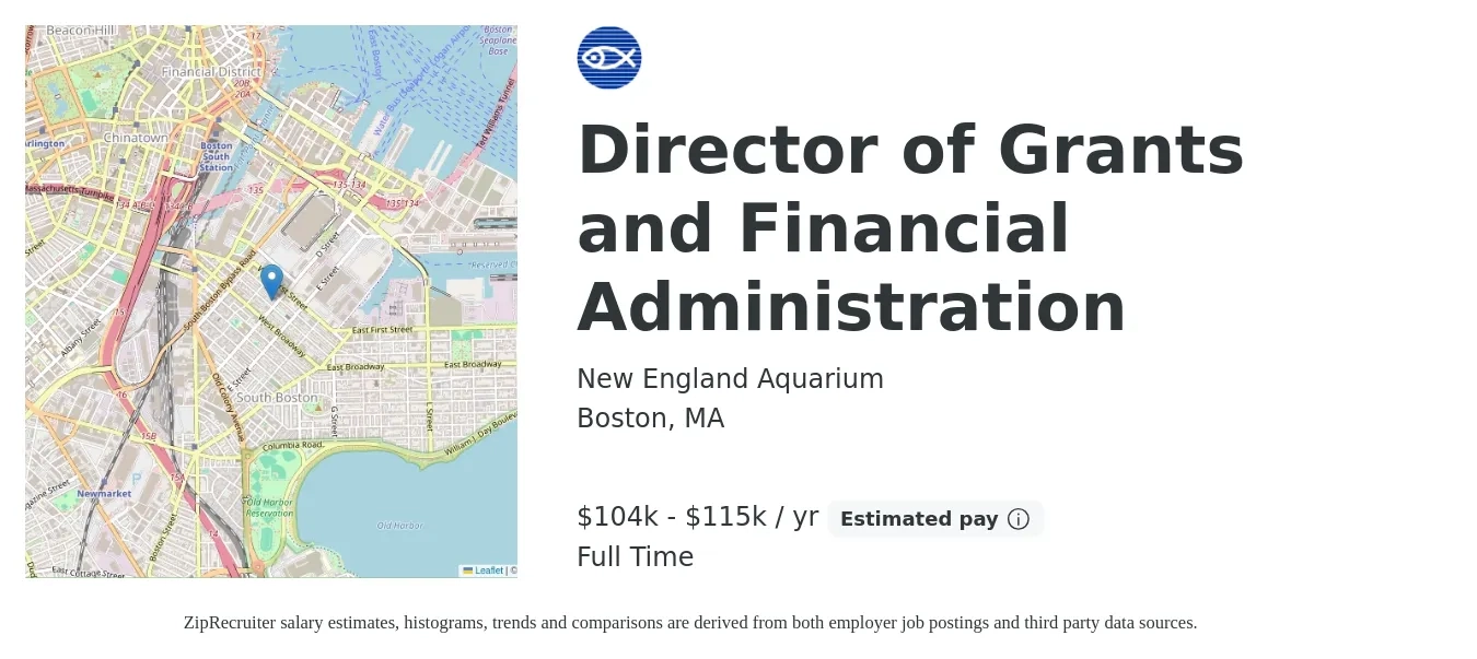 New England Aquarium job posting for a Director of Grants and Financial Administration in Boston, MA with a salary of $104,000 to $115,000 Yearly with a map of Boston location.