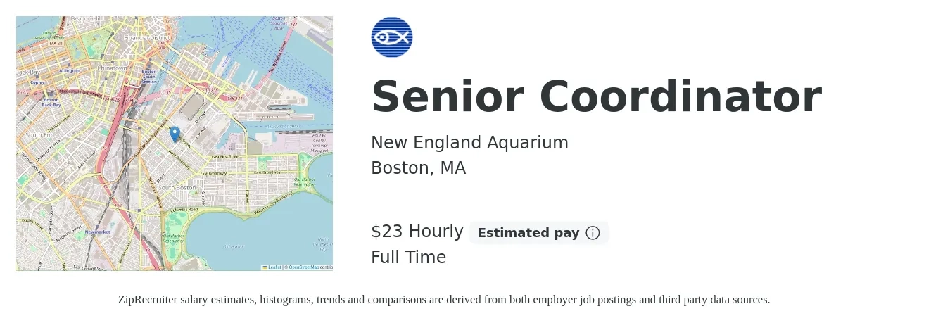 New England Aquarium job posting for a Senior Coordinator in Boston, MA with a salary of $24 to $24 Hourly with a map of Boston location.