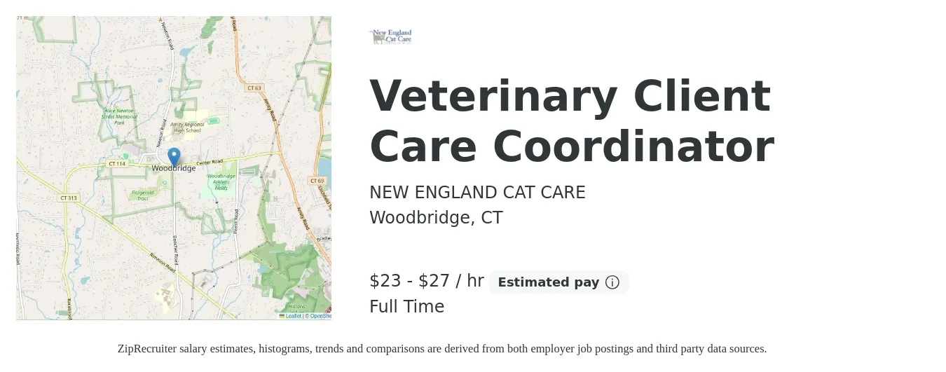 NEW ENGLAND CAT CARE job posting for a Veterinary Client Care Coordinator in Woodbridge, CT with a salary of $24 to $29 Hourly with a map of Woodbridge location.