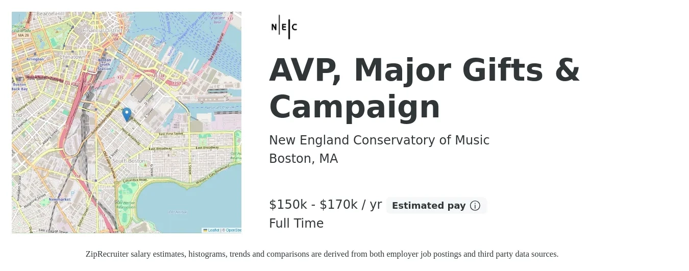 New England Conservatory of Music job posting for a AVP, Major Gifts & Campaign in Boston, MA with a salary of $150,000 to $170,000 Yearly with a map of Boston location.