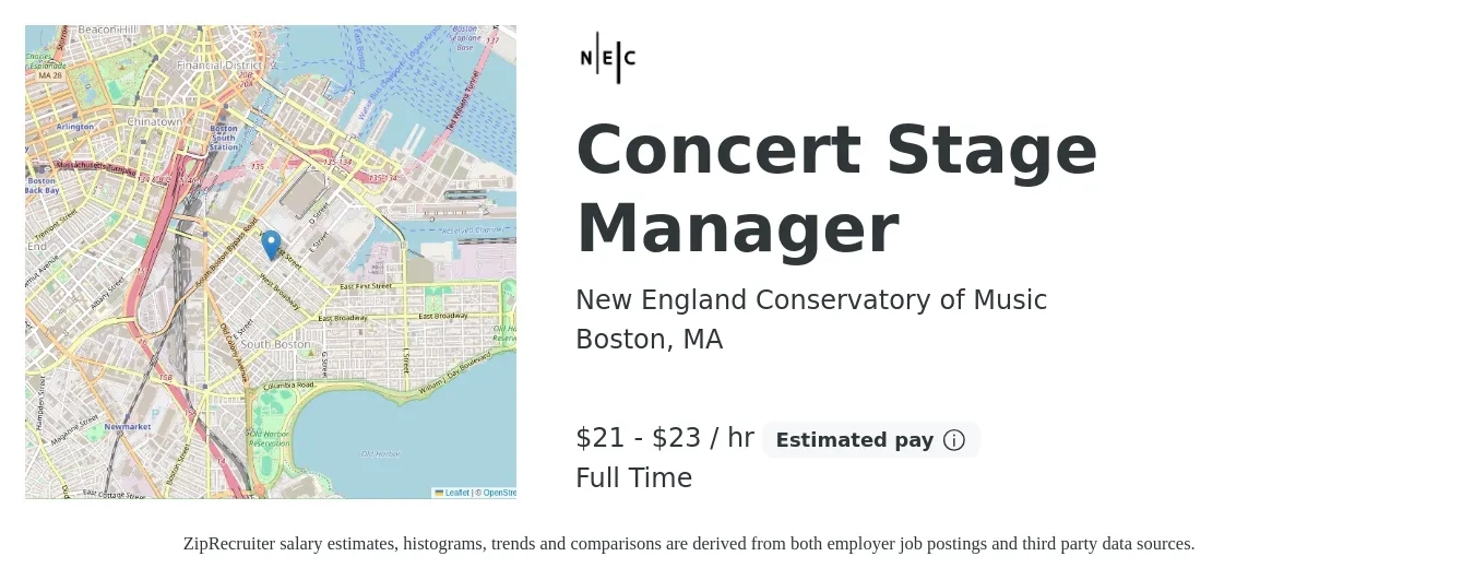 New England Conservatory of Music job posting for a Concert Stage Manager in Boston, MA with a salary of $22 to $24 Hourly with a map of Boston location.