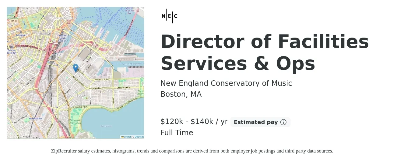 New England Conservatory of Music job posting for a Director of Facilities Services & Ops in Boston, MA with a salary of $120,000 to $140,000 Yearly with a map of Boston location.
