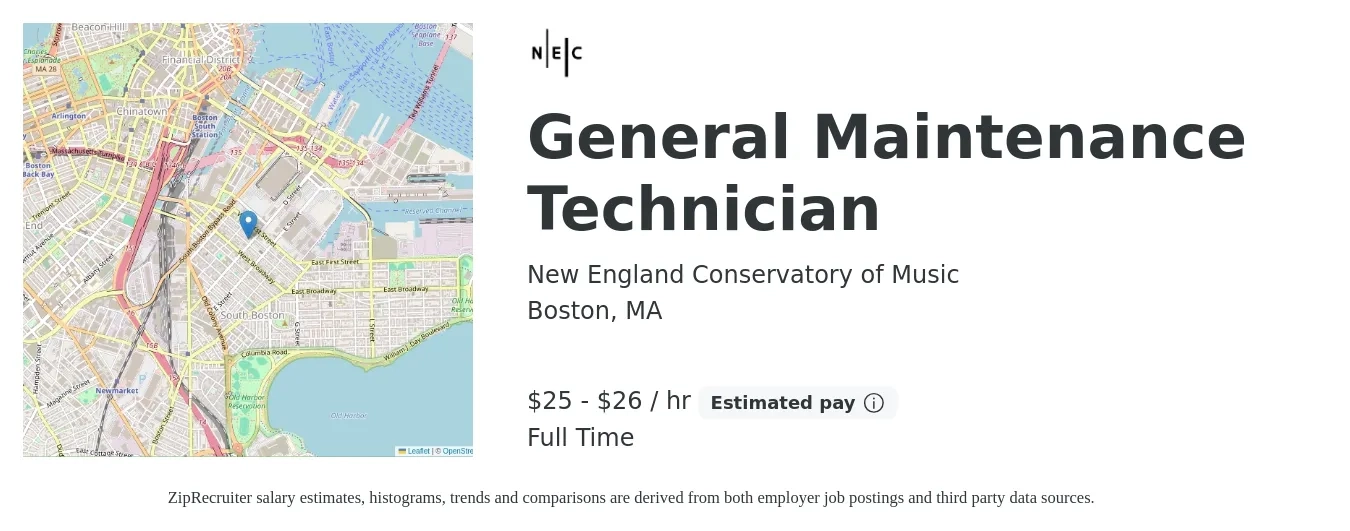 New England Conservatory of Music job posting for a General Maintenance Technician in Boston, MA with a salary of $26 to $28 Hourly with a map of Boston location.