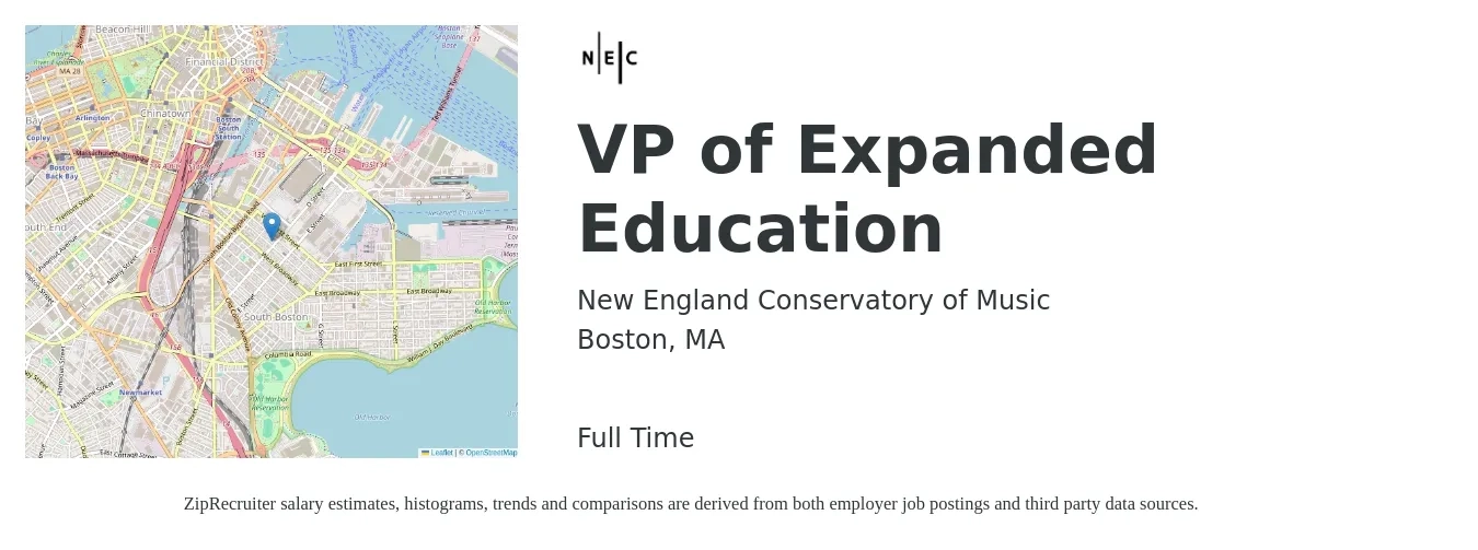 New England Conservatory of Music job posting for a VP of Expanded Education in Boston, MA with a salary of $125,300 to $207,000 Yearly with a map of Boston location.