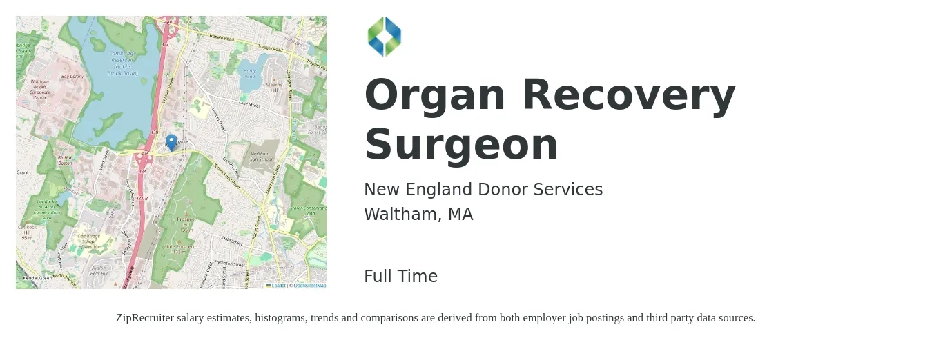 New England Donor Services job posting for a Organ Recovery Surgeon in Waltham, MA with a salary of $22 to $42 Hourly with a map of Waltham location.