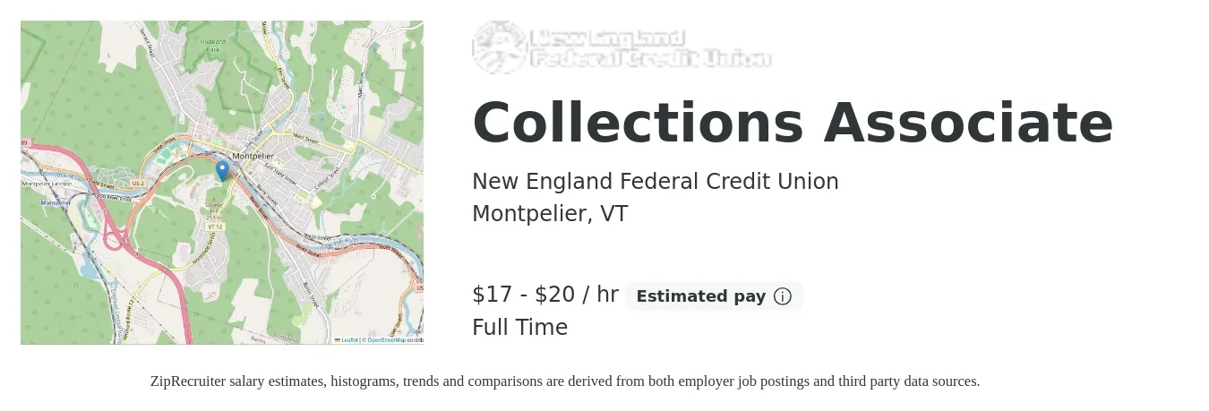 New England Federal Credit Union job posting for a Collections Associate in Montpelier, VT with a salary of $18 to $21 Hourly with a map of Montpelier location.