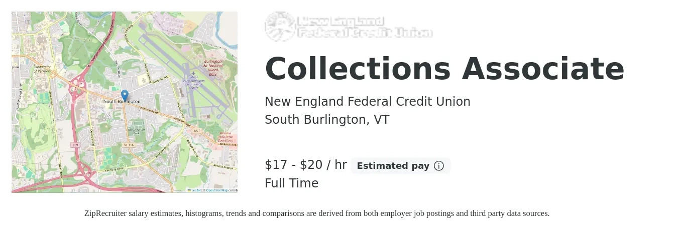 New England Federal Credit Union job posting for a Collections Associate in South Burlington, VT with a salary of $18 to $21 Hourly with a map of South Burlington location.