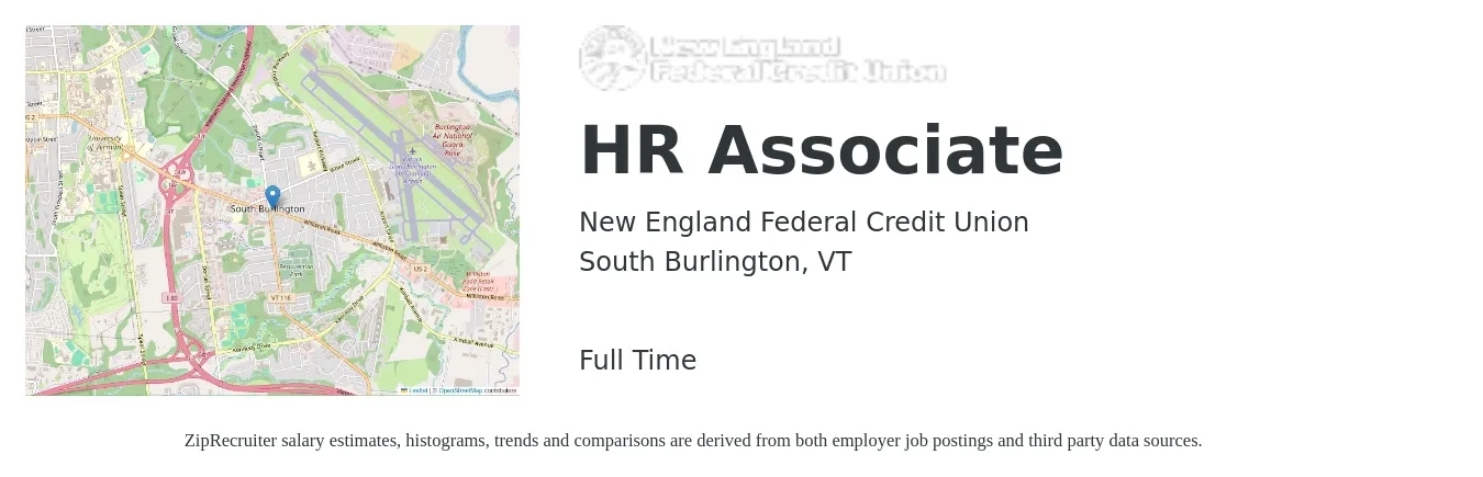 New England Federal Credit Union job posting for a HR Associate in South Burlington, VT with a salary of $21 to $30 Hourly with a map of South Burlington location.