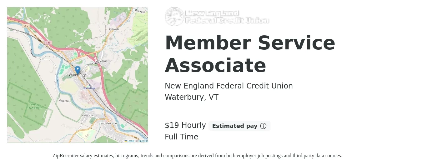 New England Federal Credit Union job posting for a Member Service Associate in Waterbury, VT with a salary of $20 Hourly with a map of Waterbury location.
