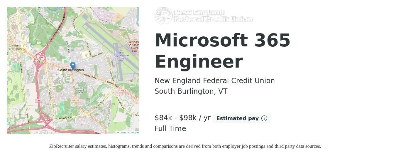 New England Federal Credit Union job posting for a Microsoft 365 Engineer in South Burlington, VT with a salary of $84,014 to $98,840 Yearly with a map of South Burlington location.