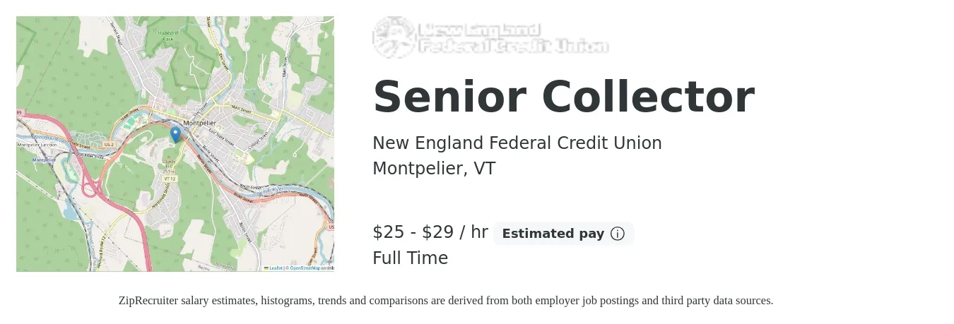 New England Federal Credit Union job posting for a Senior Collector in Montpelier, VT with a salary of $26 to $31 Hourly with a map of Montpelier location.