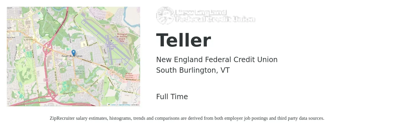 New England Federal Credit Union job posting for a Teller in South Burlington, VT with a salary of $18 Hourly with a map of South Burlington location.