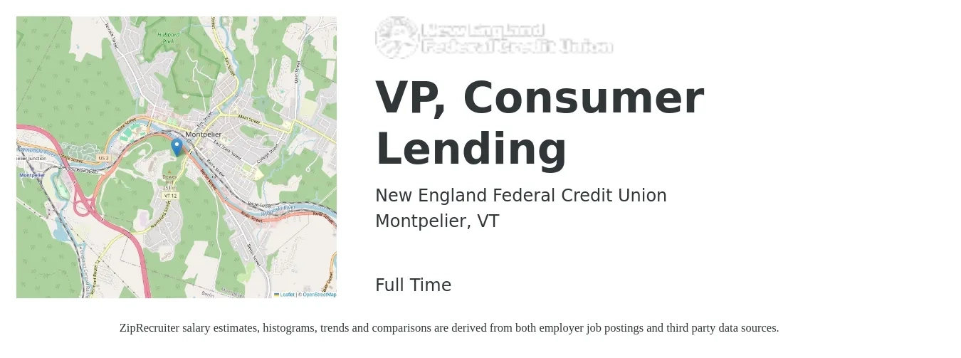 New England Federal Credit Union job posting for a VP, Consumer Lending in Montpelier, VT with a salary of $74,800 to $132,400 Yearly with a map of Montpelier location.