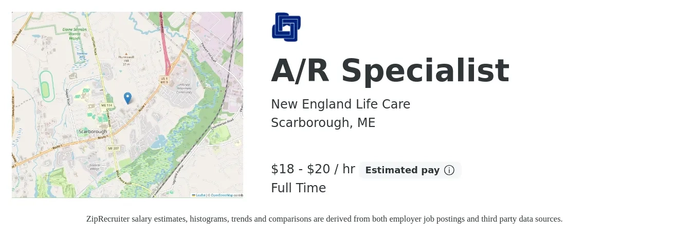 New England Life Care job posting for a A/R Specialist in Scarborough, ME with a salary of $20 to $23 Yearly with a map of Scarborough location.