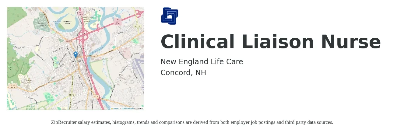 New England Life Care job posting for a Clinical Liaison Nurse in Concord, NH with a salary of $95,000 to $104,000 Yearly with a map of Concord location.