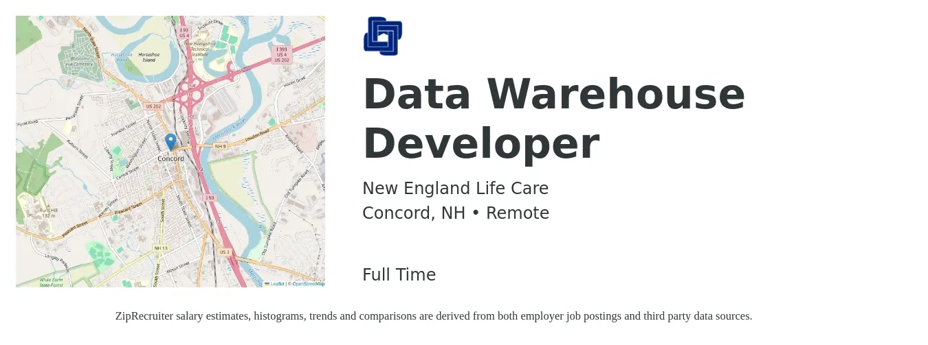 New England Life Care job posting for a Data Warehouse Developer in Concord, NH with a salary of $50 to $68 Hourly with a map of Concord location.