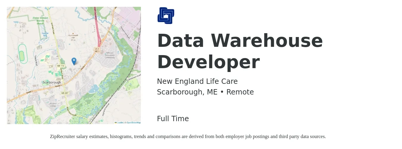 New England Life Care job posting for a Data Warehouse Developer in Scarborough, ME with a salary of $50 to $68 Hourly with a map of Scarborough location.