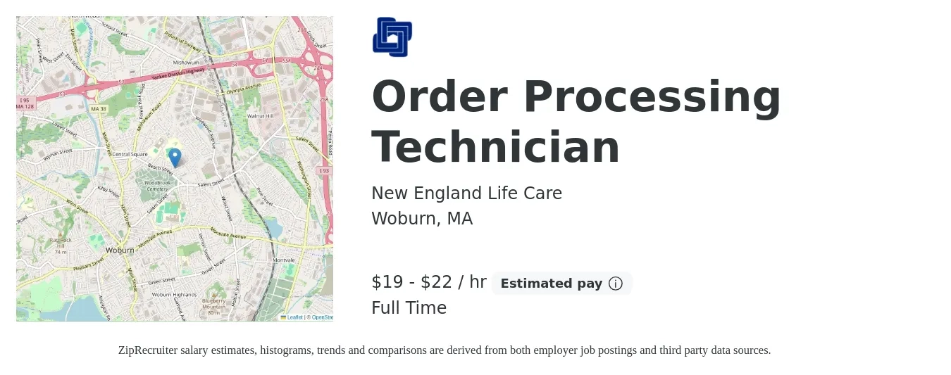 New England Life Care job posting for a Order Processing Technician in Woburn, MA with a salary of $20 to $23 Hourly with a map of Woburn location.